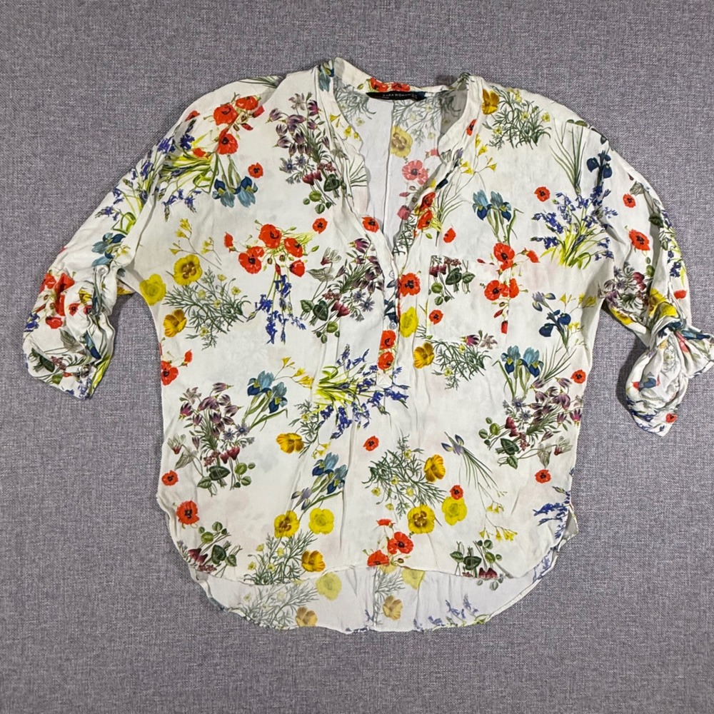 Zara Floral Blouse Women XL White Poppy Wildflower Boho Cottagecore Roll Tab Top